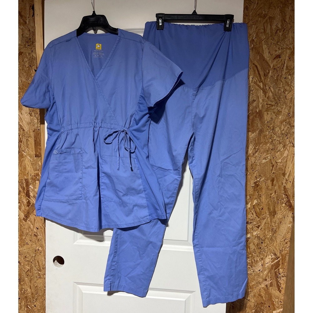 WonderWink WonderWork Scrub Set Blue Top XL Pant Large Mock Wrap Classic Fit